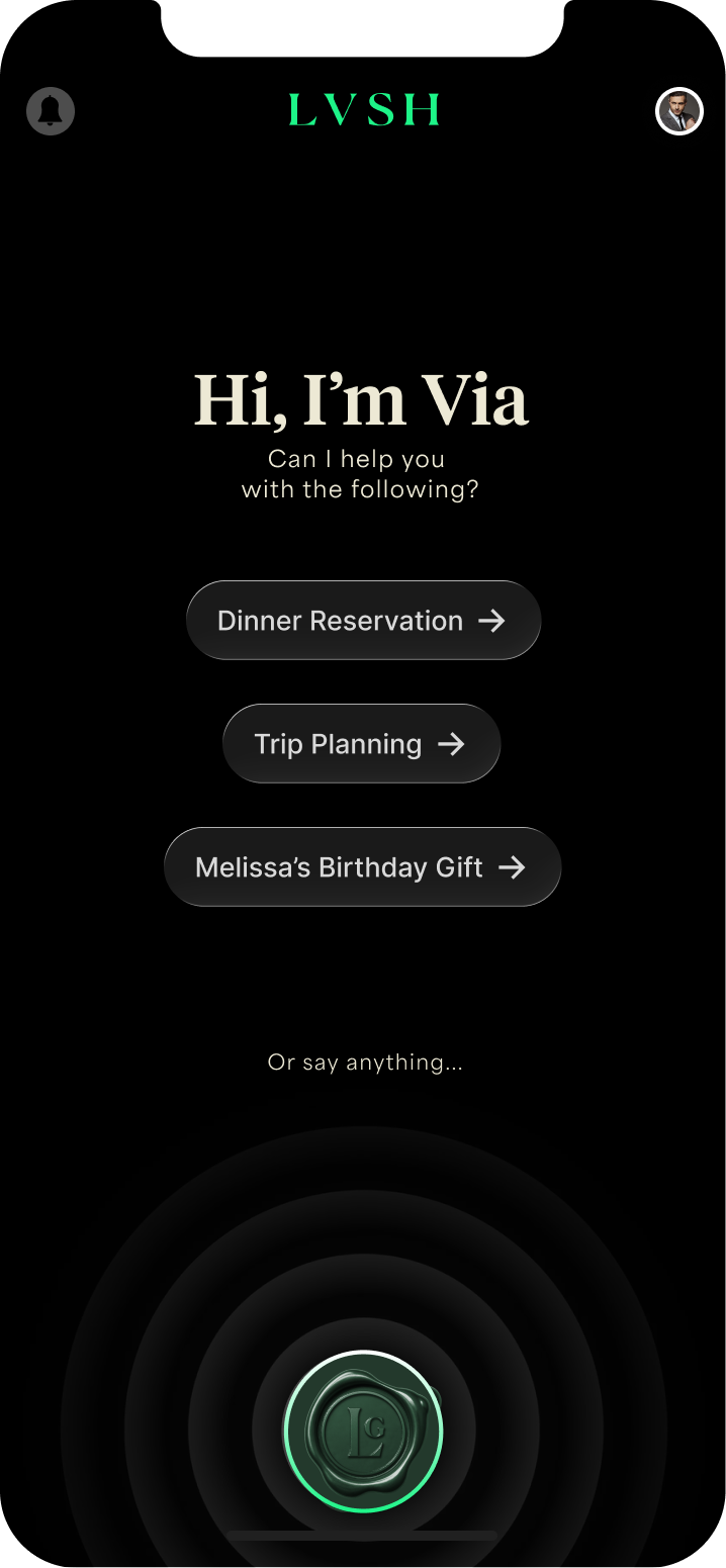 LVSH app — Concierge screen, "Hi, I'm Via," with quick prompts for dinner reservations, trip planning, and gift ideas